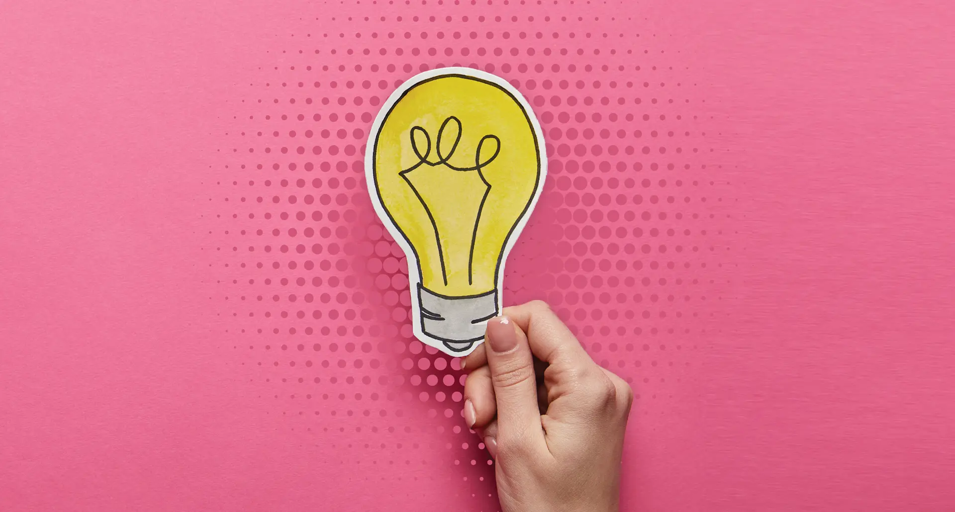 A hand holding a yellow paper cutout of a lightbulb against a pink background with halftone dots. To the left, a red text block reads '5 HACKS TO WOW YOUR NEXT EVENT! #WOWEvents'.