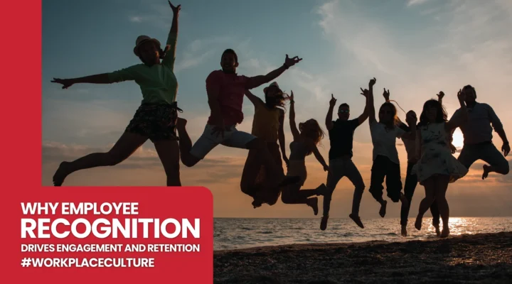 Silhouettes of a group of happy people jumping in the air on a beach during sunset, celebrating together. A red graphic overlay on the left reads: 'WHY EMPLOYEE RECOGNITION DRIVES ENGAGEMENT AND RETENTION #WORKPLACECULTURE'.