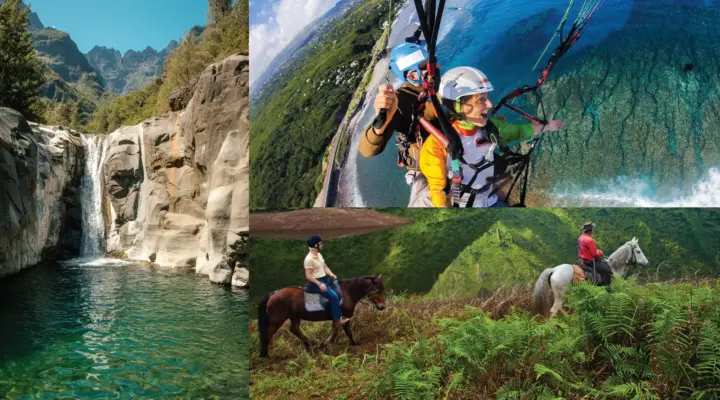 A collage of Réunion Island adventures featuring a cascading waterfall nestled in rocky cliffs, two people tandem paragliding over the coastline, and a person horseback riding near a tranquil green lake.