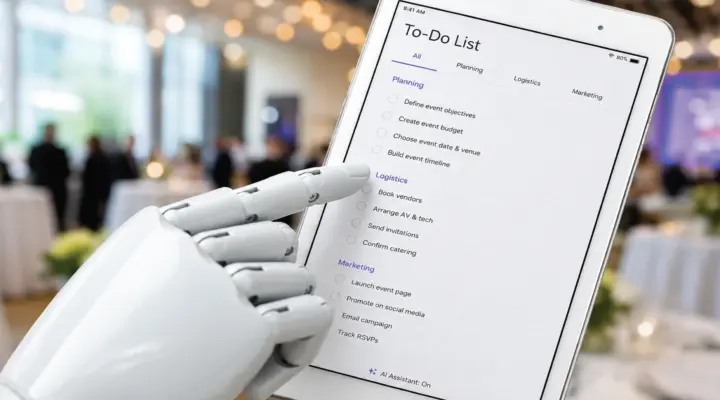 A robotic hand interacting with an event planning to-do list on a tablet, representing AI technology in event management.