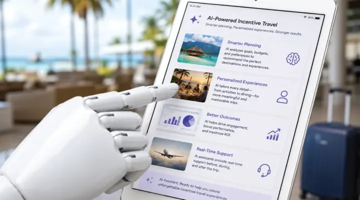 A robotic hand interacting with an AI-powered incentive travel planning app on a tablet, set against a blurred tropical resort background with luggage.