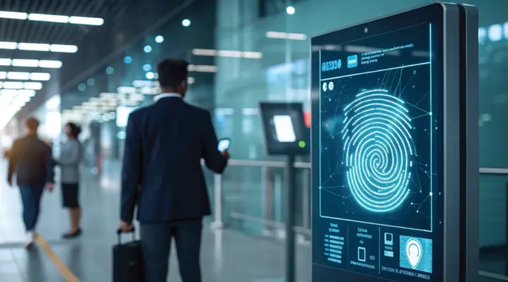 Business traveller at a digital biometric border kiosk at a European airport, illustrating the new Schengen Entry/Exit System