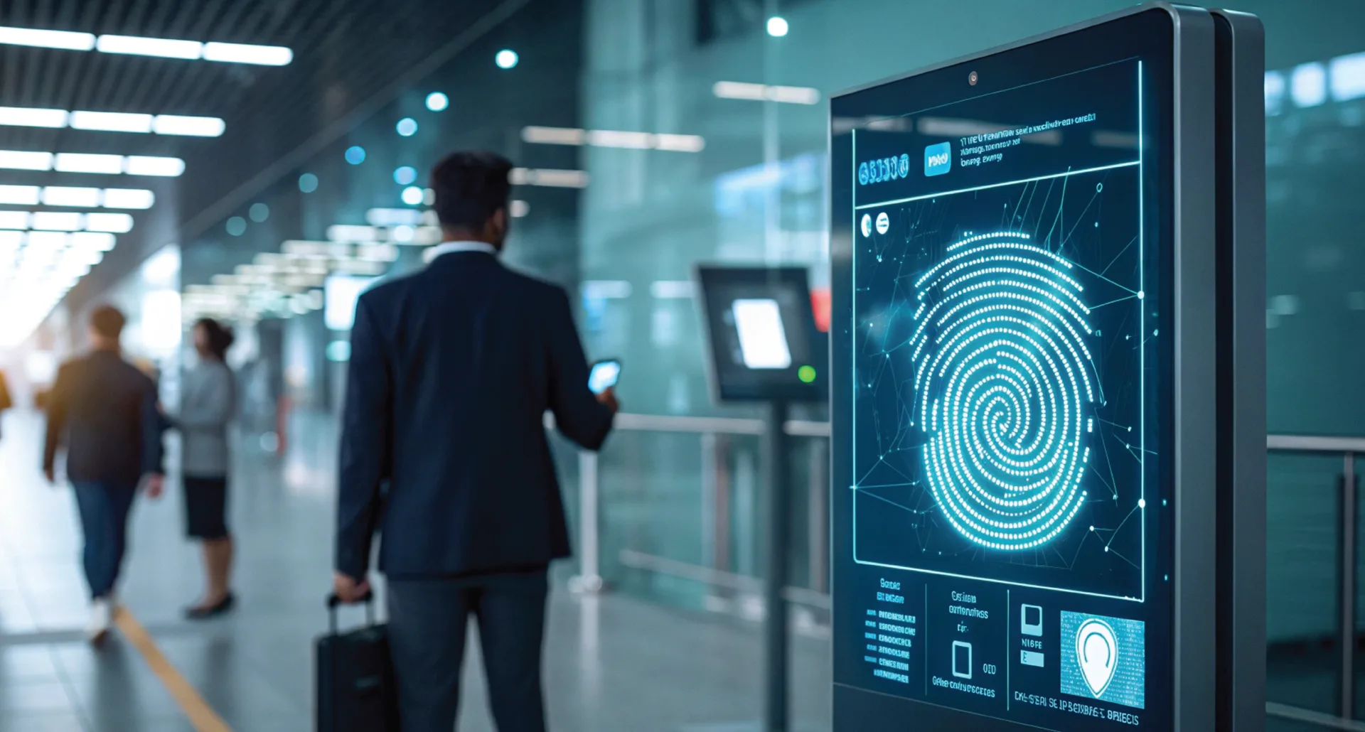 Business traveller at a digital biometric border kiosk at a European airport, illustrating the new Schengen Entry/Exit System