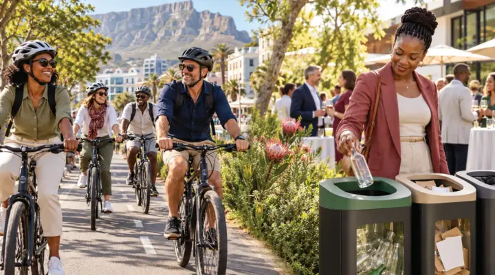 Delegates cycling a waterfront path with Table Mountain behind, as a guest recycles a glass bottle at an outdoor event