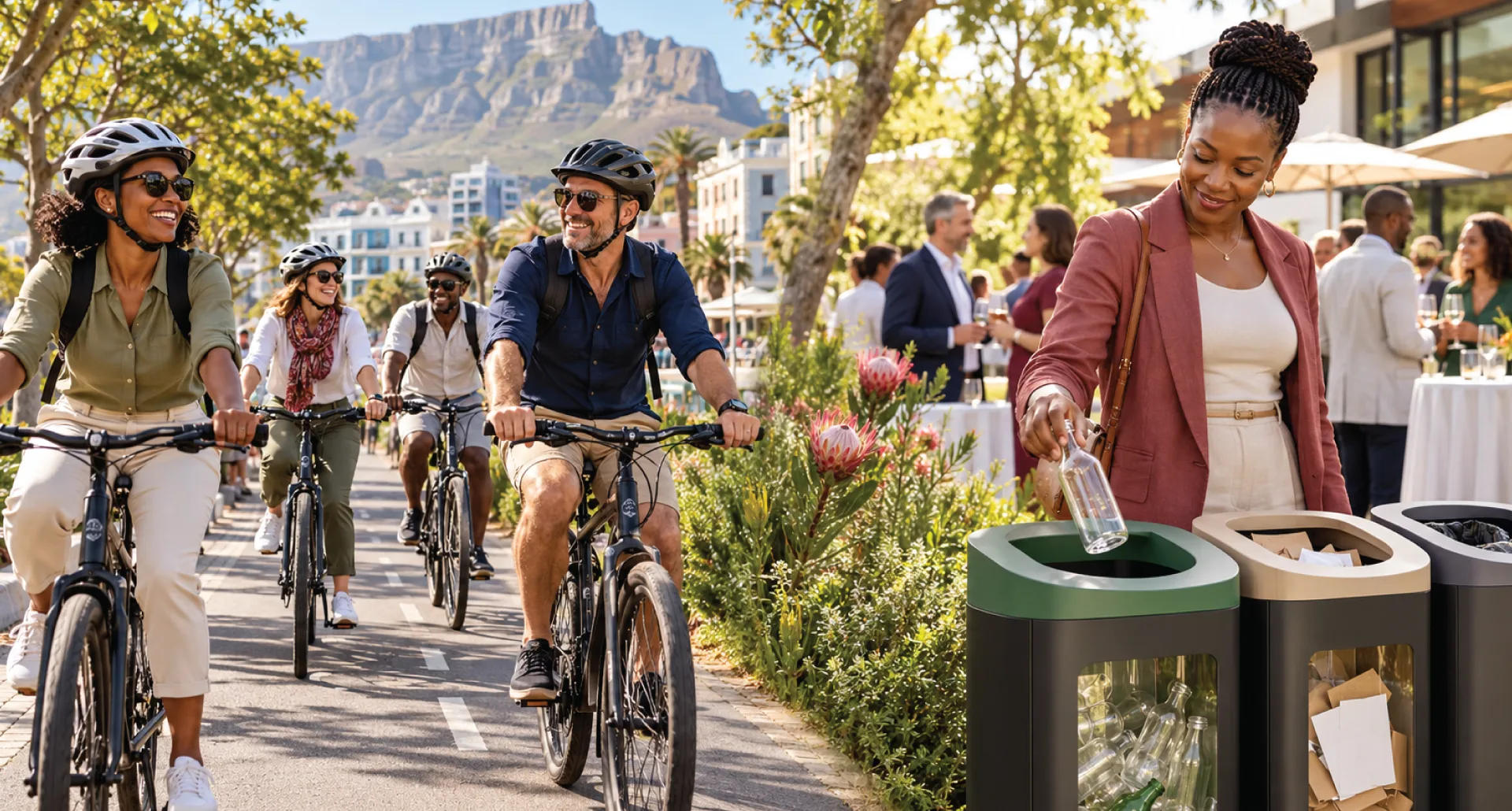 Delegates cycling a waterfront path with Table Mountain behind, as a guest recycles a glass bottle at an outdoor event